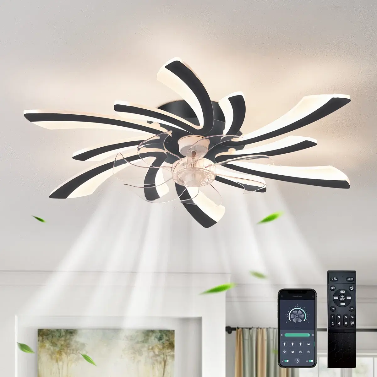 Garwarm Black Ceiling Fan with Lights (Fan Lamp), 27.55in Size, 6-Speed 6-Gear Wind Boost, 3 Color Temperatures, Dimmable, 2h Timer Set, Remote Control, Indoor Lighting for Bedrooms & Living Rooms
