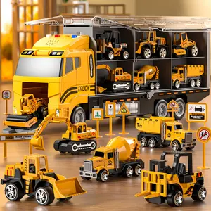 HOME 13-in-1 Construction Truck Vehicle Toy Set with Die-Cast Cars & Play-Mat, Transport Carrier Truck Toy Set for Aged 3+, Christmas Birthday Gift [random Color Of Accessories]