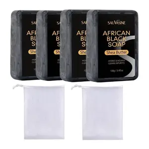 African Black Soap Bar with 2 Counts Foaming Net, 4 Counts Deep Cleansing Impurities Body Soap, Moisturizing Skin Soap, Body Wash & Cleansers for Women & Men