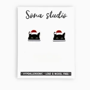 Black Cat Christmas Earrings