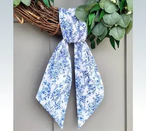 Chinoiserie Wreath Sash Floral Scarf for Front Door Embroidered Wreath Ribbon Personalized Wreath Sash Blue Chinoiserie Monogram Embroidery