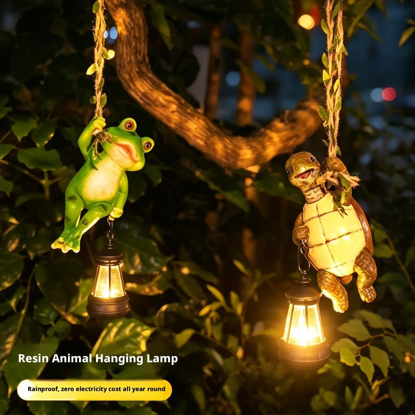 Solar-Powered Frog & Turtle Animal Motif Resin Hanging Lantern Light - IP44 Waterproof, Auto On/Off Pendant Lamp, Whimsical Home & Outdoor Decor for Tree Patio Halloween Christmas Landscape Accents