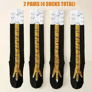 Men's Trendy Cartoon Print Over The Calf Socks, Cute Chicken Feet Design Knit Socks, Comfort Hosiery for Men Indoor Outdoor Wear