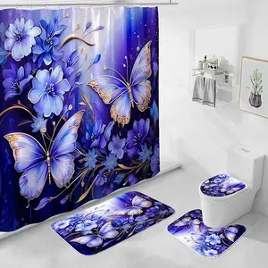 Butterfly Bathroom 4 Piece Set Polyester Shower Curtain Bath Mat Contour Rug Toilet Lid Cover Blue Floral Design for Cohesive Look