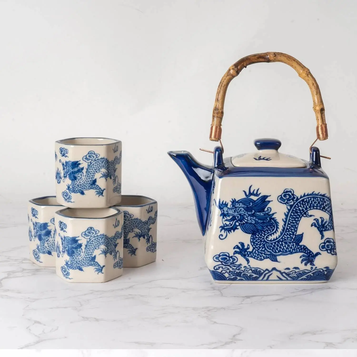 Dragon Design Porcelain Tea Set - 20 fl oz Teapot with Strainer, 4 Stainless Steel Teacups, Kitchen Tea & Coffeeware