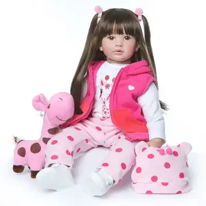 60cm Handmade Silicone Baby Doll, Long Hair Girl, Soft Cotton Body, Adjustable Limbs, Includes Gift Box, Pacifier, Bottle, Diaper