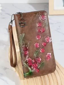 Women's Long Wallet Vintage Chic Elegant Stylish Purse with 3D Plum Blossom Relief, Embossed Design, Large Capacity Card Holder, Cash and Phone Zipper Clutch