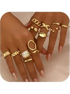 12Pcs Chunky Golden Stackable Rings Set for Women vintage Knuckle Rings Dainty Hollow Carved Joint Finger Midi Rings Pack Adjustable Signet Rings Jewelry Mixed Size Statement Rings