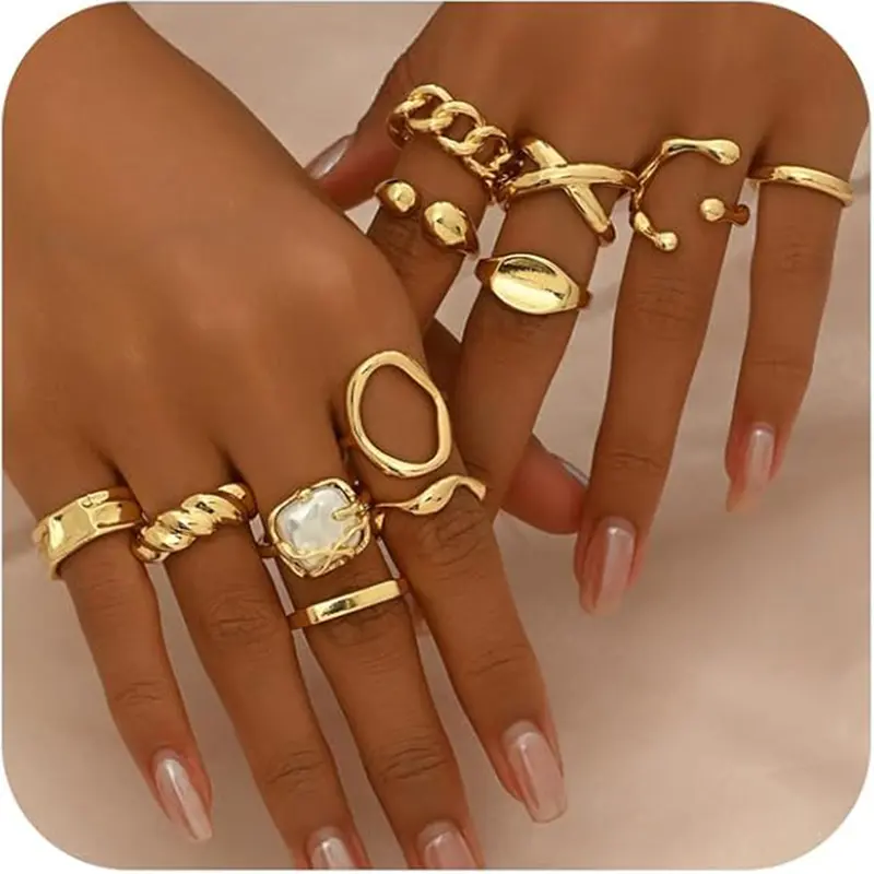 12Pcs Chunky Golden Stackable Rings Set for Women vintage Knuckle Rings Dainty Hollow Carved Joint Finger Midi Rings Pack Adjustable Signet Rings Jewelry Mixed Size Statement Rings Stacking Rings