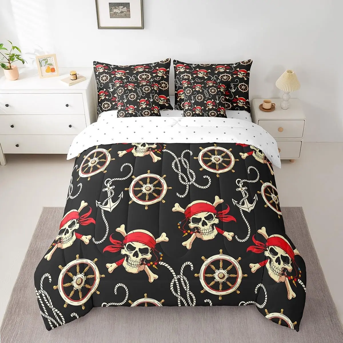 Skull Bedding Set,Boys Nautical Pirate Bed in a Bag,Ocean Comforter Set,7 Pieces，Sea Bed Set with Comforter,Sheet Set,Pillowcases,Pillow Covers