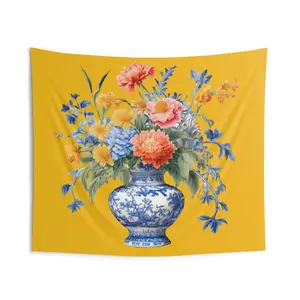 Delft Floral Indoor Wall Tapestry, Home Decor, Vintage Style, Living Room Accent, Gift for Her, Bedroom Wall Art