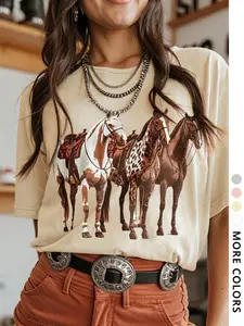 Women's Animal Horse Print Round Neck Tee, Vintage Trendy Casual Short Sleeve T-shirt for Daily Wear, Ladies All Seasons Outfit