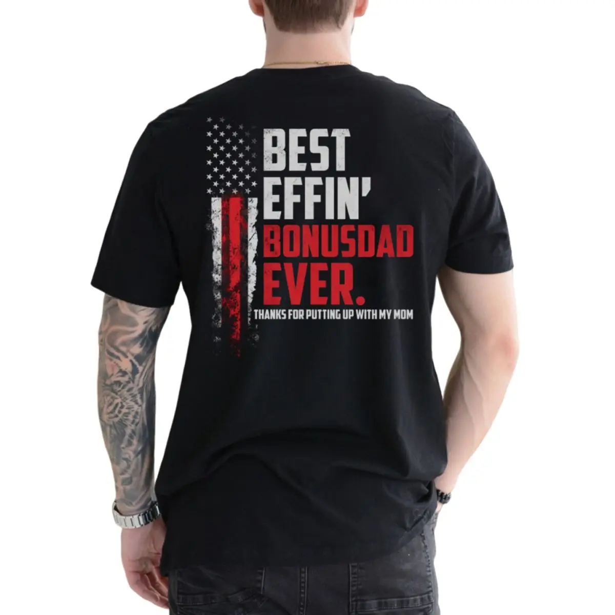 Best Effin Bonus Dad Ever Tee, Funny Bonus Dad Gift Shirt, Thanks For Putting Up With My Mom Graphic T Shirt, Blended Family Father’S Day Apparel, Unisex Long Sleeve Crewneck Tee, Casual Clothing