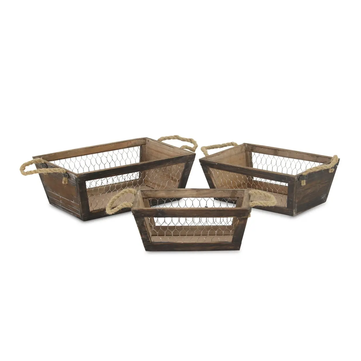 Cheungs FP-4187-3BR Decorative Rectangular Multi-Size Wooden Crates with Wire Panels - Set of 3, Home Organiser Storage Boxes & Bins