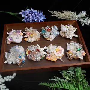 Handmade Seashell Fridge Magnet Coastal Mermaid Decor with Embellishments and Pearls for Nautical Themed Home Decor Unique Coastal Charm Easy to Use Versatile Decor