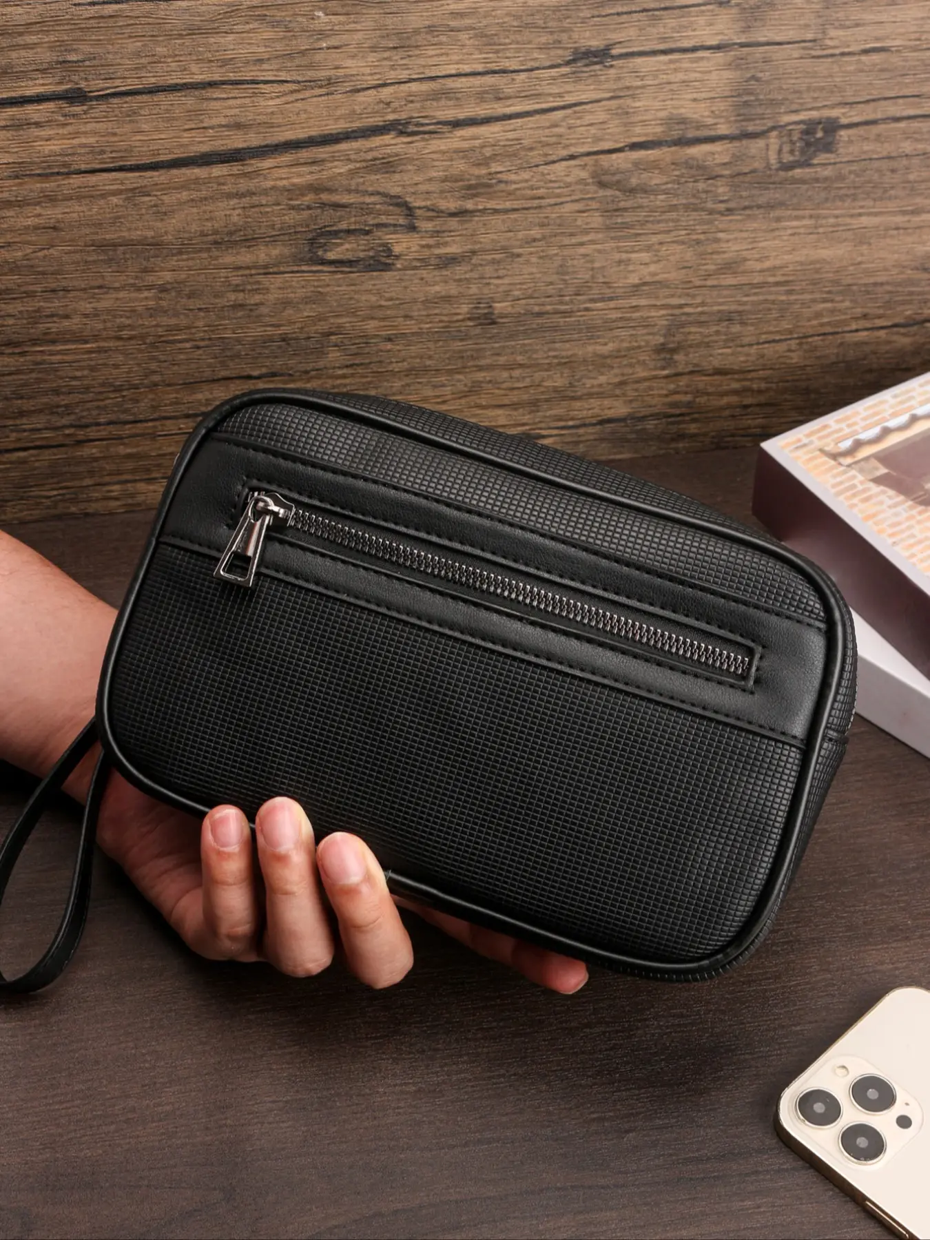 Men's Anti-Theft Handbag, Business Minimalist Style, Hidden Compartment, Large Capacity 22.5cm, Fits Phone & Laptop, All Seasons Use, Zipper, Wallet Clutch