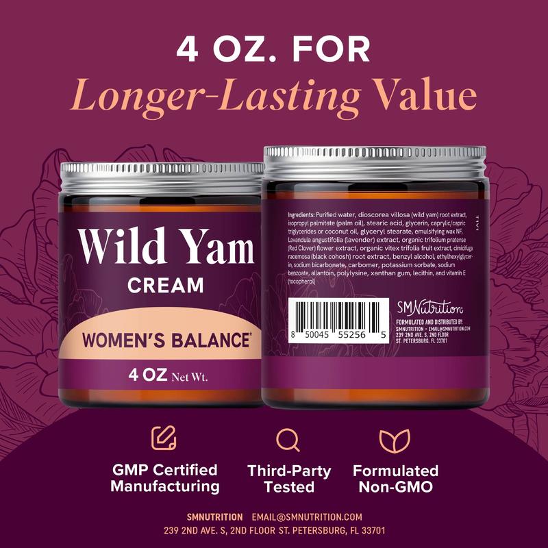 SM Nutrition Wild Yam Cream for Women's Balance 3450mg Herbal Menopause & PMS Support Estrogen & Progesterone Free 4 Oz Gentle Moisturizer with Lavender Scent