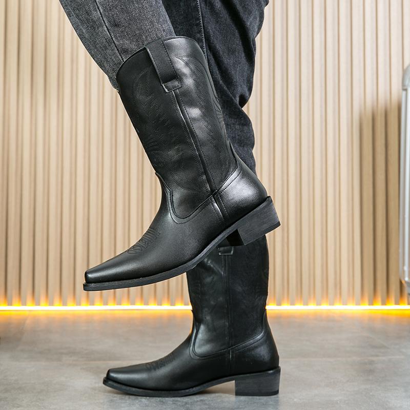 2025 Fall & Winter Mens High-top Vintage Pointed-toe Cowboy Boots - Anti-skid Slip On Shoes with PU Upper and Rubber Sole for Outdoor Horse Riding and Country Style - Comfortable PU Insole and Solid Color Design Footwear Closed