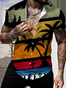 Tropical Beach Scene Graphic Shirt, Men's Loose Fit Collared Short Sleeve Top, Casual All-Over Print Clothing, Trendy Summer Wear