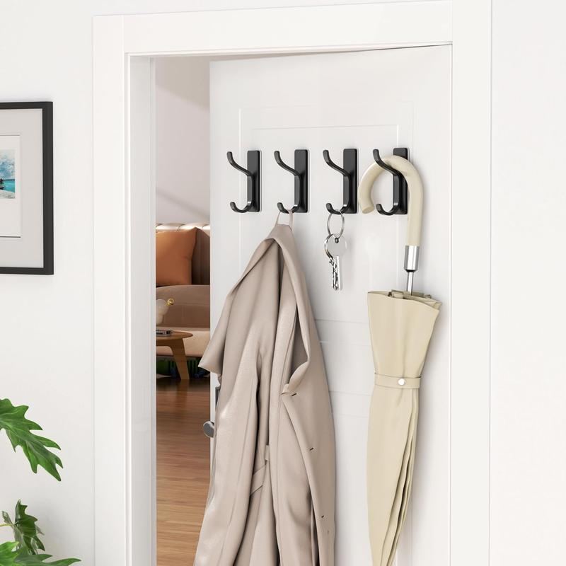 Adhesive Wall Hooks for Towels Coats - Stick On Hooks Hanging Heavy Duty (13lb), Metal Hook for Door, Bathroom, Dorm, Closet - Hanger for Purse, Bag, Robe,Backpack - No  to Wall - Black 4 Pack