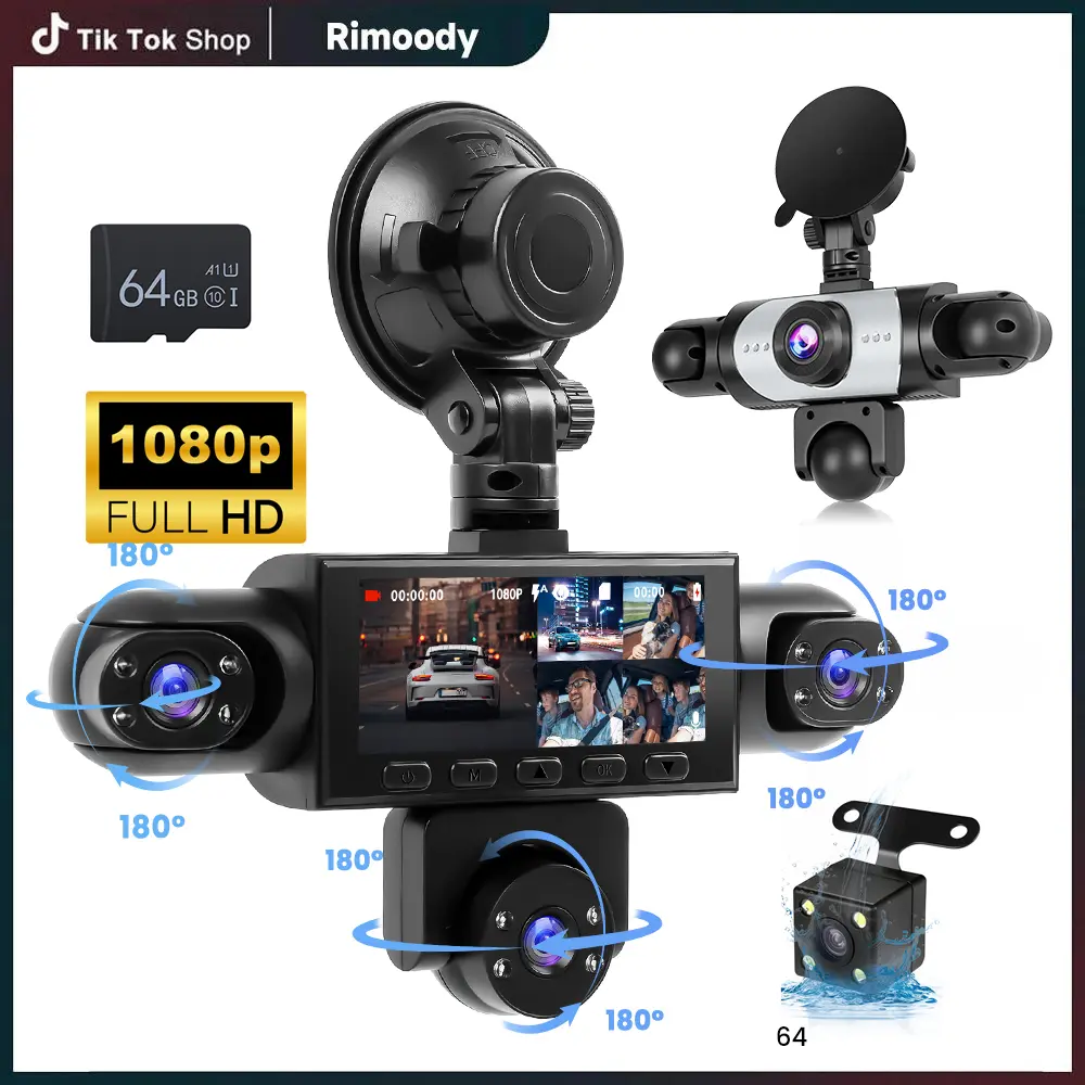 RIMOODY 3.16-in 1080P Car-Mounted Dashcam Car Cameras, 5 HD Lenses, 480P Interior & Rear Cameras, Loop Recording, 360-Degree Coverage, Car-Mounted Car Cameras