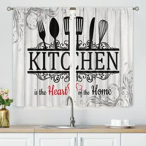 2D Flat, 2D Flat 2pcs Charming Farmhouse Kitchen Curtains Black & White with Fun Quotes Wooden Knife & Spoon Design Rod Pocket Style for Home Decor In Kitchen Cafe Office Living Room Bedroom Dining Area, 2D Flat, Cafe Window Treatment, Rustic Design set
