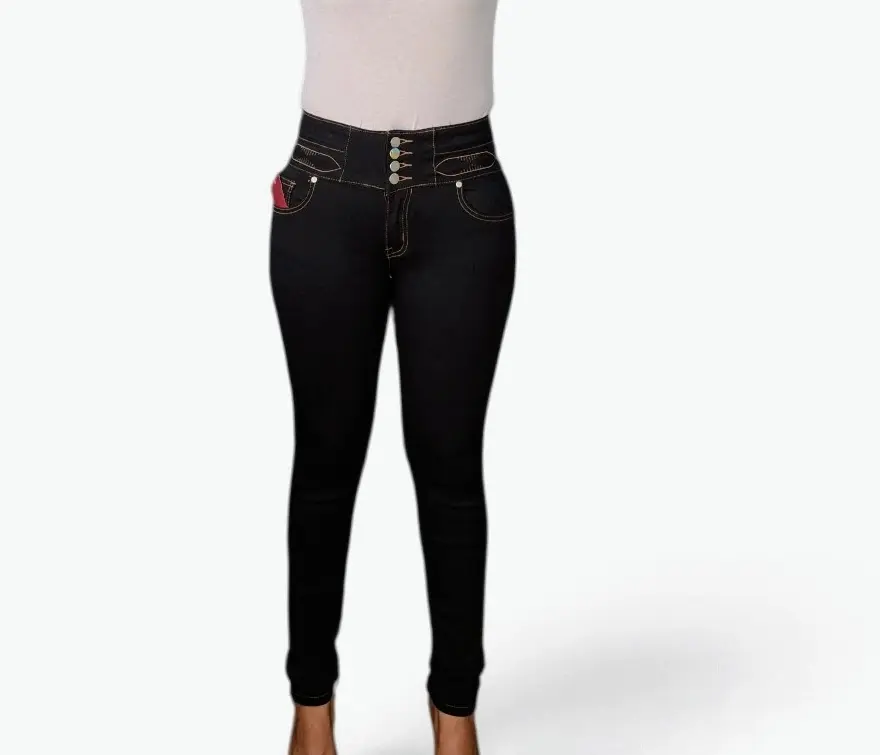 Women's High-Waisted Dark Blue Jeans with Button and Closure