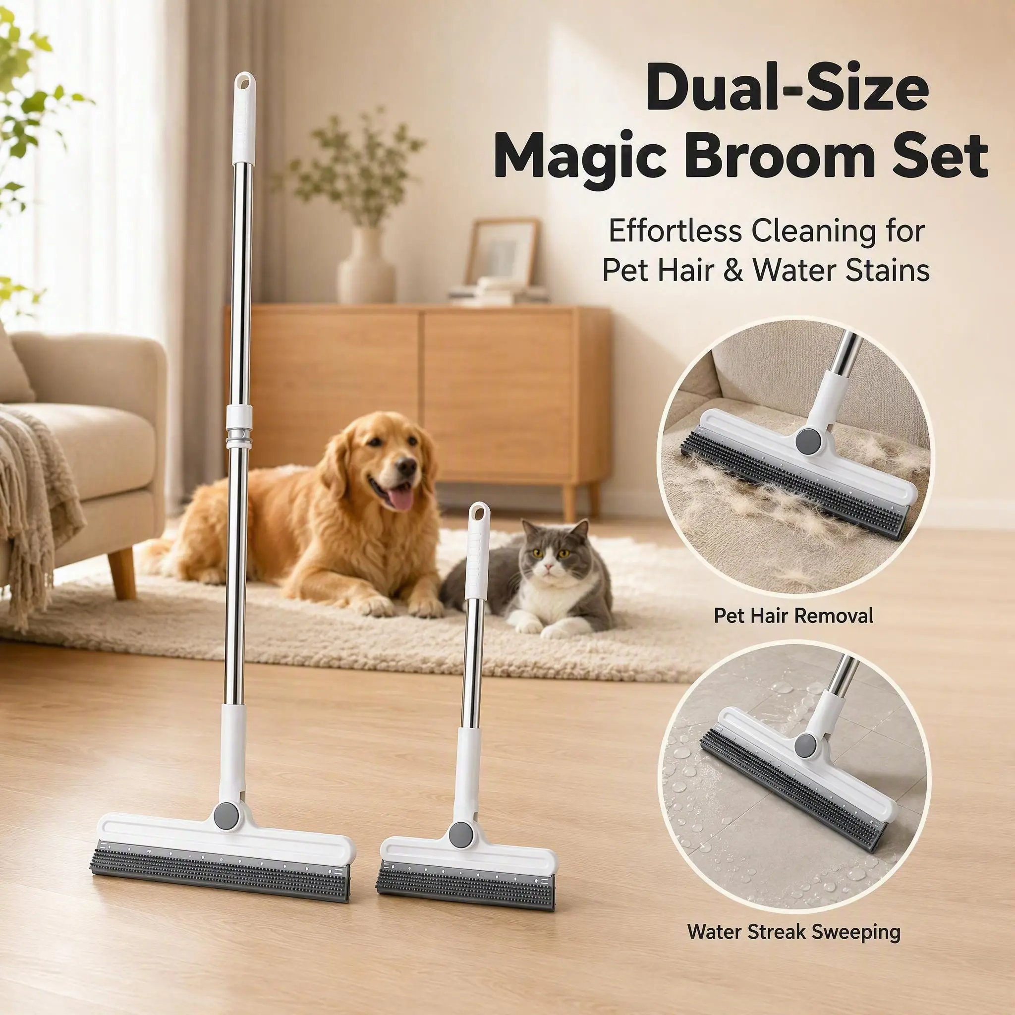 2PCS Pet Hair Remover Magic Broom Sweeper Set - Double-Sided Large & Small Stainless Silicone Heads, Extendable Handle, 180° Rotatable Reusable Wet & Dry Home Cleaning Tool for Dog & Cat Grooming, Carpet, 2 Pcs Set