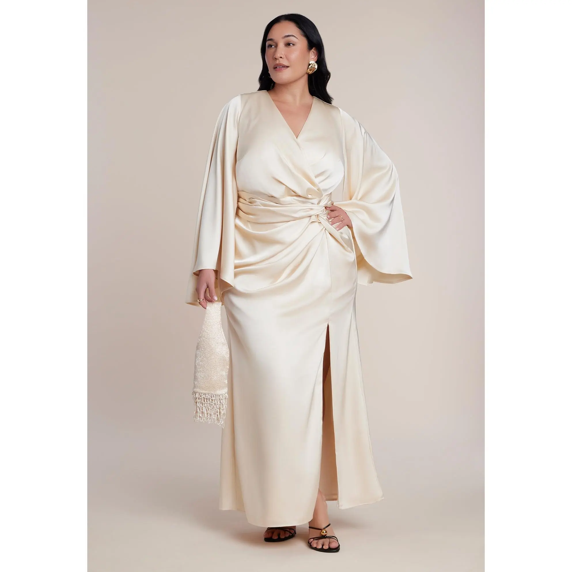 ELOQUII Women's Plus Size Flare Sleeve Satin Maxi Dress