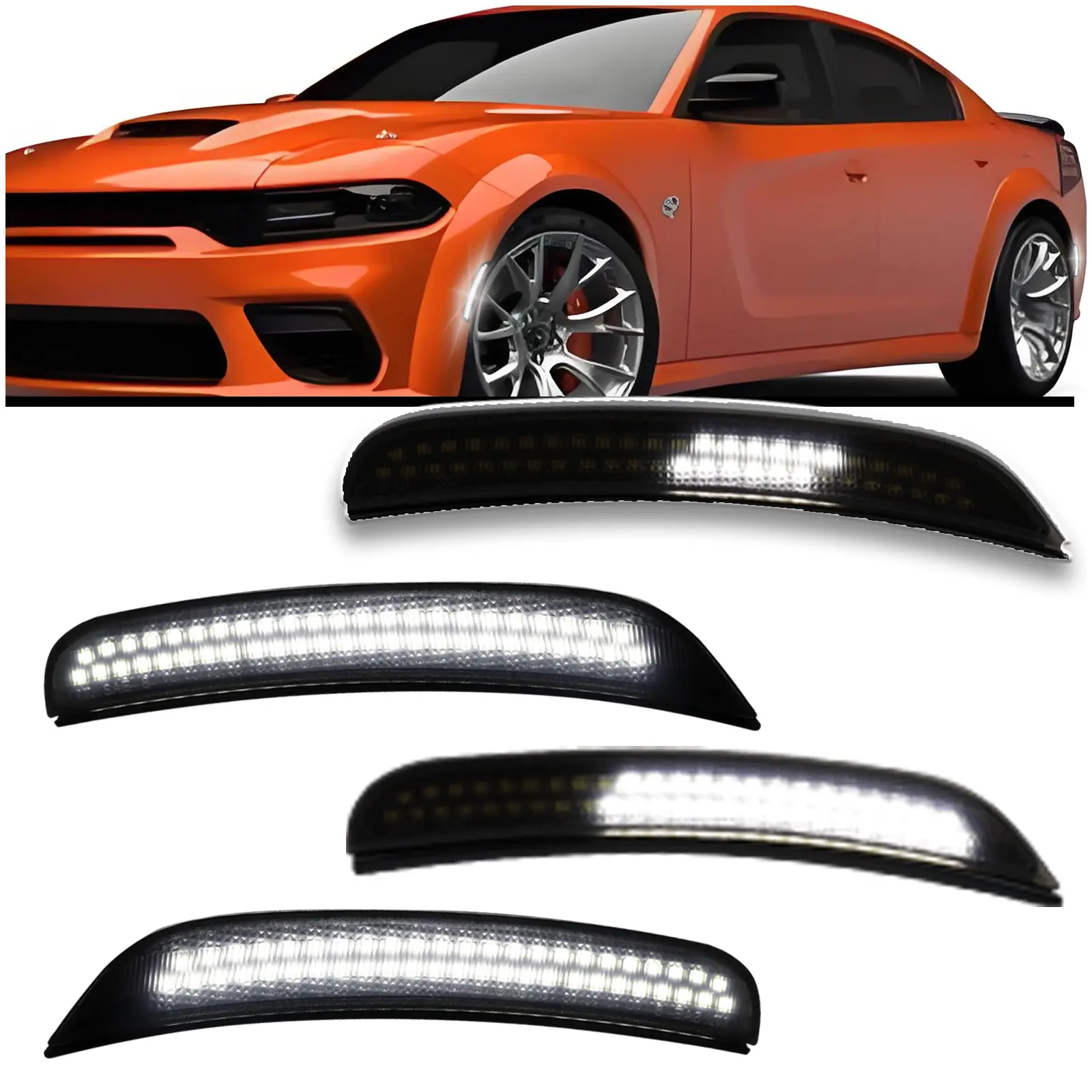 Dynamic LED Side Marker Lights with ABS, 360-Degree Sequential White Turn Signals for 2015-2024 Dodge Charger (SXT/Scat Pack/SRT Hellcat) - 4pc 2 Front + 2 Rear Direct Replacement Kit, Easy Install Plug & Play