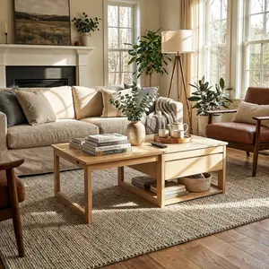 FUFU&GAGA Light Oak Lift Top Coffee Table with Storage Drawer, Convertible Multi-Function Desk for Living Room