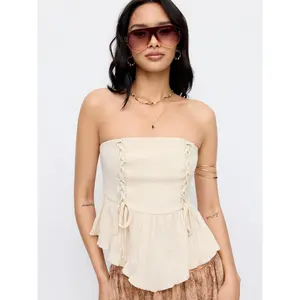 Cider 100% Cotton Strapless Ruched Lace-up Peplum Crop Top