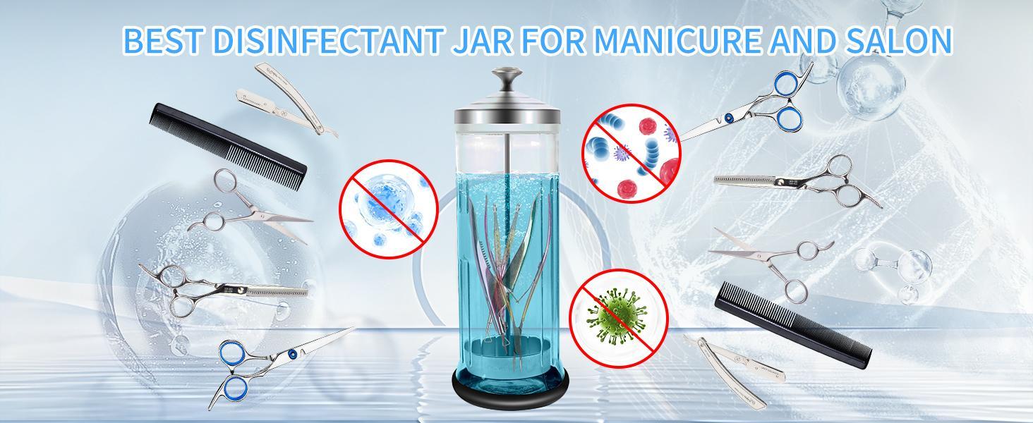 42.3 Oz (1250 ml) Glass Barbicide Disinfectant Jar with Anti-Slip Pad, Removable Straining Tray for Nail Tools, Barber Shop Implements