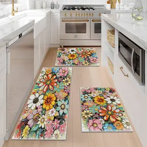 1/2/3Pcs Boho Floral Kitchen Mats for Floor 3 PCS，Multicolor Flowers Print Pattern Spring Home Decor,Pineapple Texture Design Kitchen Rugs,Washable Non-Slip Floor Mat,Doormat 16x24+20x32+17x47 Inches