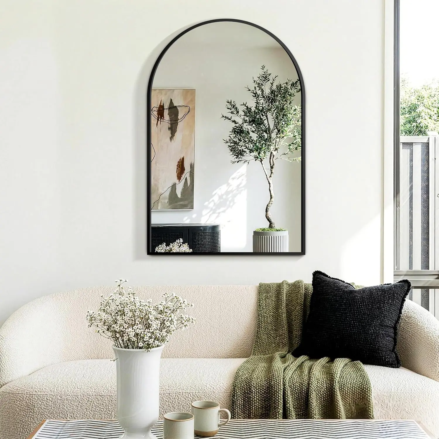 30x38/30x40/31x32 Inch Arched Wall Mirror, Black & Gold Metal Frame Arch Hanging Mirror, Modern Wall-Mounted Accent Mirror for Living Room, Bedroom, Entryway