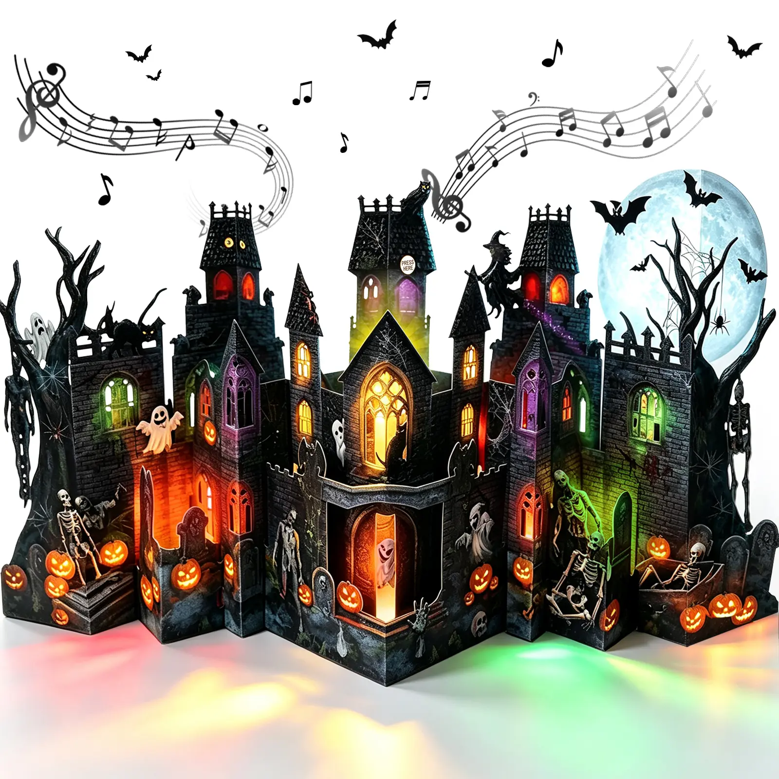 FaCraft 3D Pop Up Halloween Card with Music and Light, Jumbo Haunted Castle | Large 20x11" Accordion Fold Spooky House Display, with Envelope, Writing Insert, Seal, Halloween Party Decor for Kids Adults