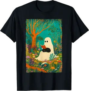 Groovy Ghost Reading Book Black Cat Halloween Ghost Teacher T-Shirt - Tamauziabro Shop 88B0FGJFSJQY