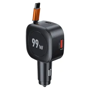 3 in 1 Retractable Car Charger, 99W with Type C PD Retractable Cable, PD Port USB QC3.0 Fast Charging, Mobile Phone Charger in Car Use