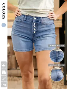 1 Pair Women's Light Blue Faded Five-Buckle High-Waisted Slim Fit Jeans Shorts, Heavy Denim Material, Vintage American Casual Style, Daily Wear/prom Party