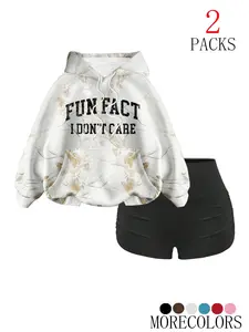 Women's Fall Winter Hooded Drawstring Sweatshirt Set, Casual Loose-Fit Letter Print, Warm Pocket Design, 2 Piece for Daily Wear, Drawstring Graphic Hoodie