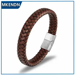 Punk Vintage Men Genuine Braided Leather Bracelet Titanium Steel Magnetic Clasp Bracelets Minimalist Wristband Jewelry