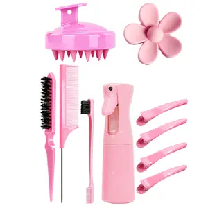 10pcs Hair Massage Comb Set, Ultra-Fine Mist Spray Bottle, Full Hair Care Kit, Flower Clips & Sectioning Clips, Home Salon Accessories, Hair Combs