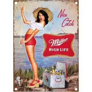Miller High Life Nice Catch Retro Beer Pin Up Wall Decor Metal Sign 8x12 Inches Classic Nostalgic Design for Home Decor