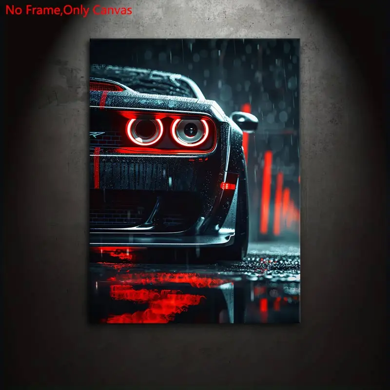 1 Piece/Set Frameless Canvas Print Poster,Classic Realistic Rainy Night Vehicle Pop Art,Challenger SRT Hellcat,Perfect Gift for Muscle Car Lovers,Ideal Gift for Bedroom,Living Room,Mural,Wall Decor,Wall Decoration,Modern Design