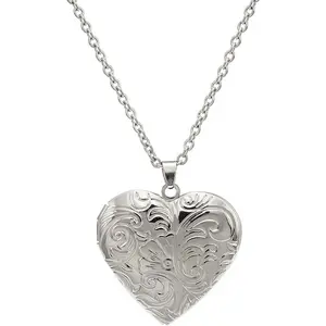 Engraved Flower Empaistic Photo Locket Hold Picture Oval Round Pendant Necklace Antique Carved  Souvenir Memorial Clavicle Sweet  for Women