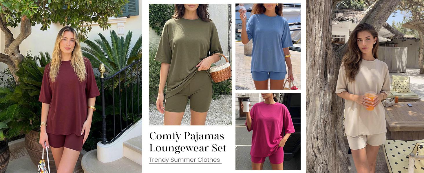PRETTYGARDEN Crewneck Two-Piece Set For Women Summer  Casual Oversized  Split Hem Shirts & Side Pocket Biker Shorts Minimalist Lounge Wear Soft Viscose Fabric Comf#DealsForYouDaysy Homewear Cozy Pjs#Summervibes#SwimWeek