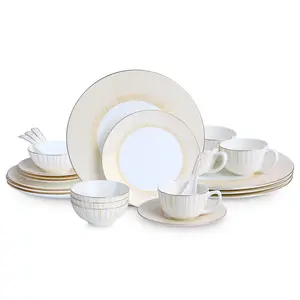 24 Piece White Bone china Dinnerware Set for 4,Round Porcelain Plates and Bowls Sets with Gold Rim,Highly Chip and Crack Resistant | Dishwasher Safe Dishes Set (White & Gold sunburst)