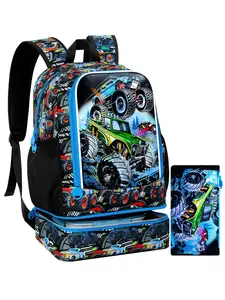 Kids Monster Truck Backpack for Boys, 2 in 1 School Bag Set with Pencil Pouch, Durable Bookbag for Primary School, Preppy Style