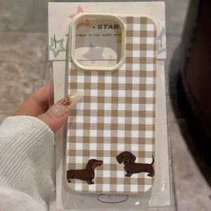 This checkered dachshund pattern TPU perforated textured phone case is drop-proof and non-slip, suitable for iPhone 17, 16, 15, 14, 13, 12, 11, XS, X series, and other models. It makes a great gift for friends or family.