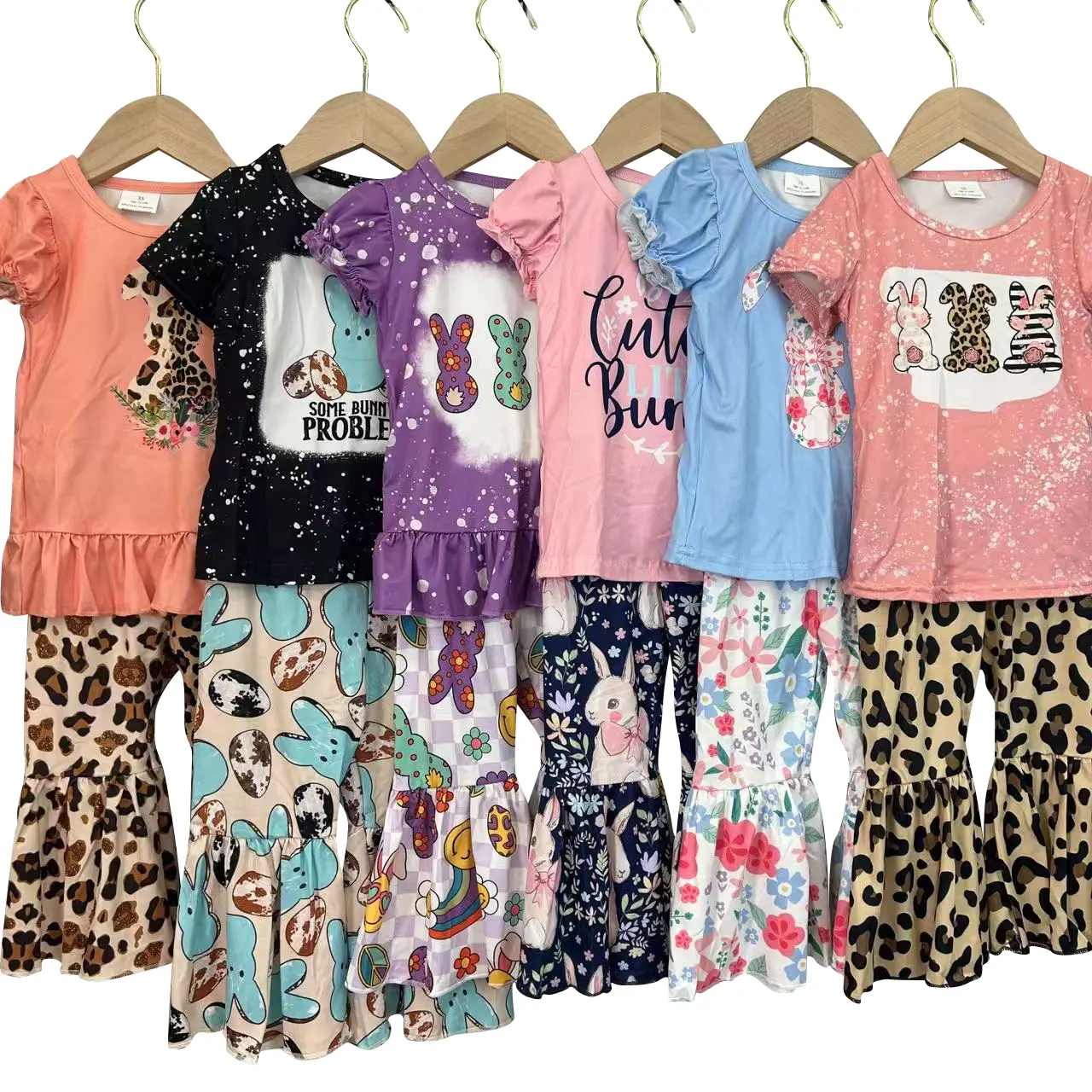 Baby Girl Clothes, Playful 2-Piece Toddler Western Outfit with Bunny & Egg Print Bell Bottoms and Breathable Short Sleeve Top, Easy Mix Match, Fitted Cut, Pant Suit, Bunny Eggs